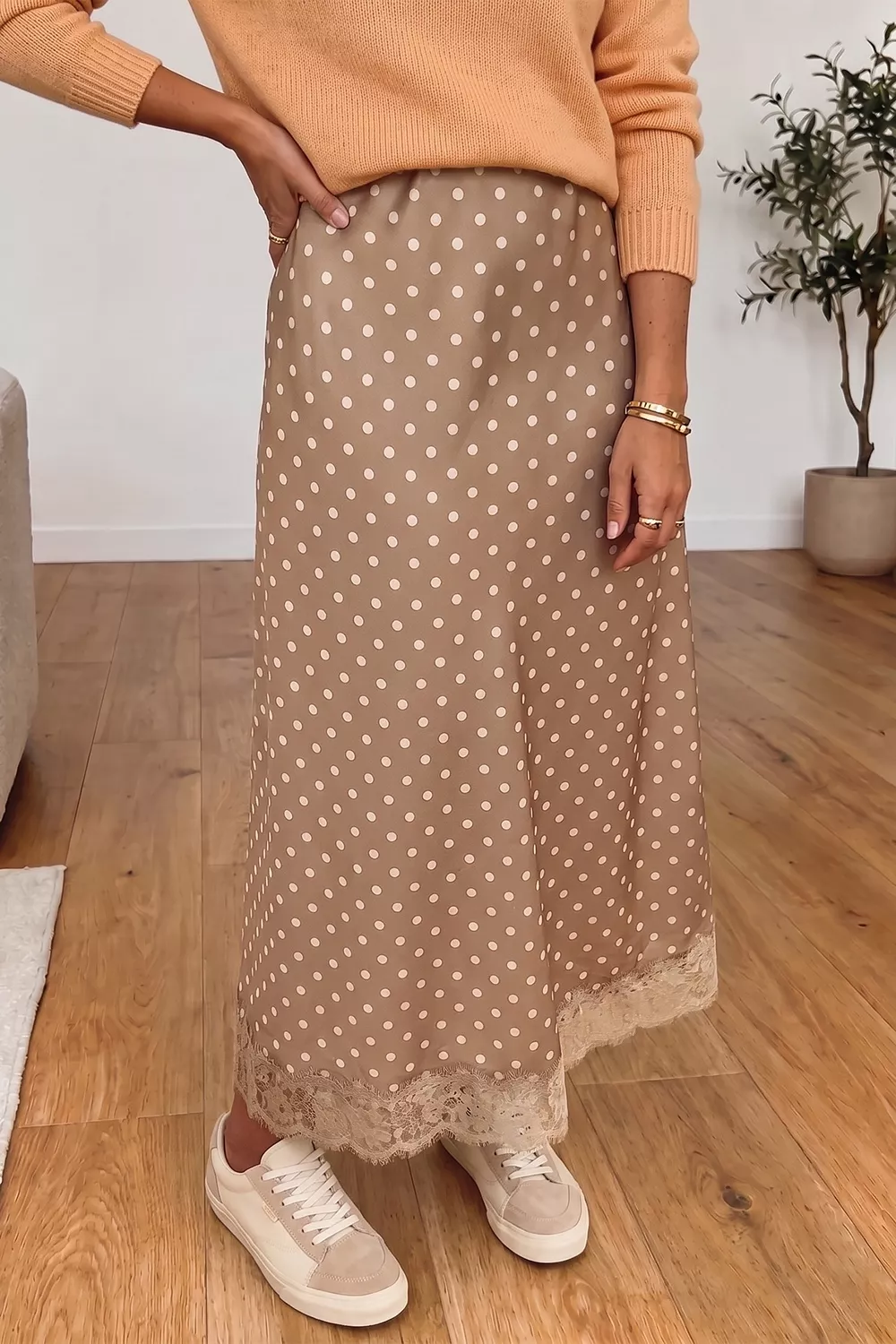 Polka Dot Lace Trim Midi Skirt, image 2