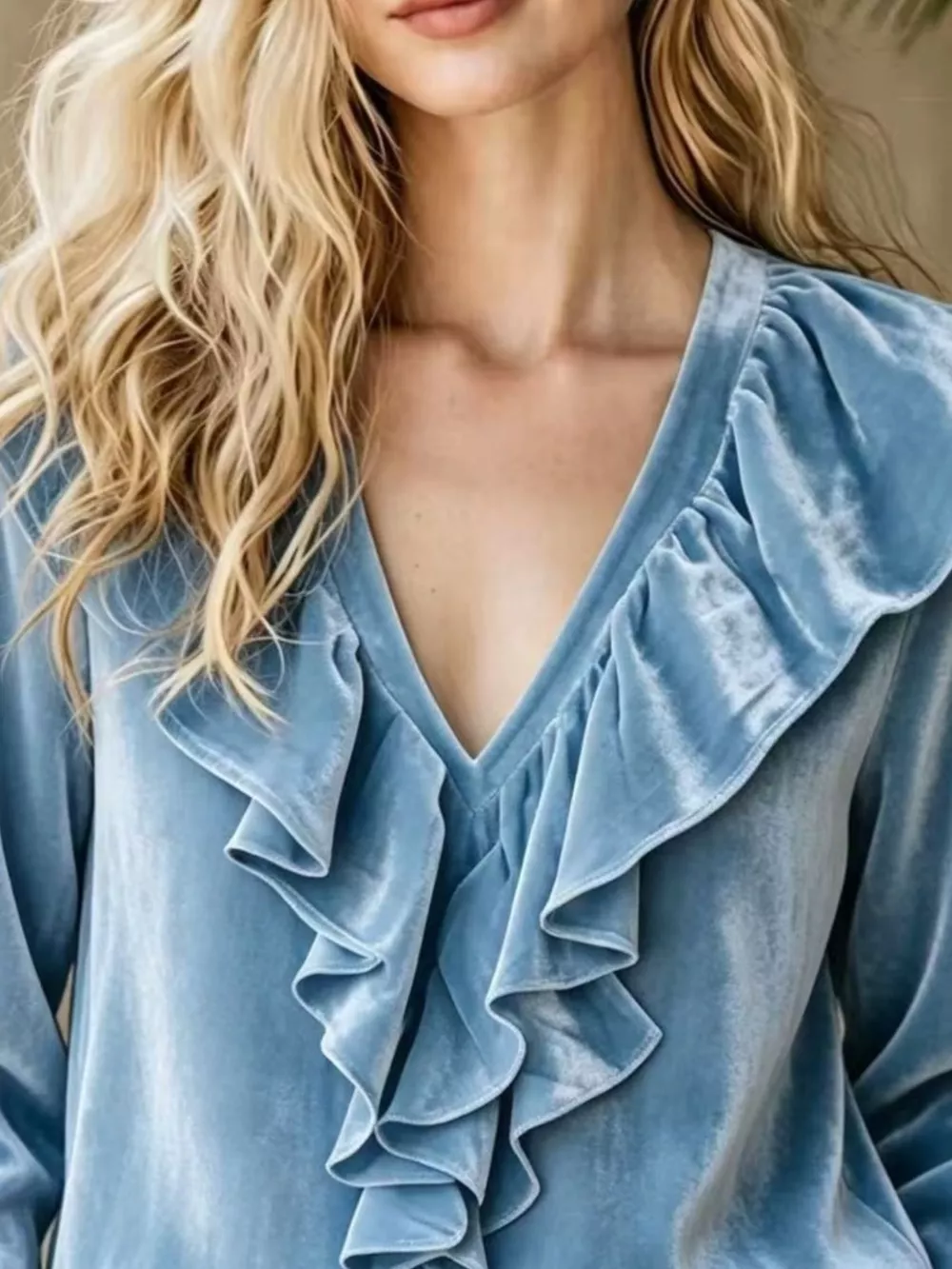 Full Size Velvet Ruffle V-Neck Blouse Plus Size, image 7