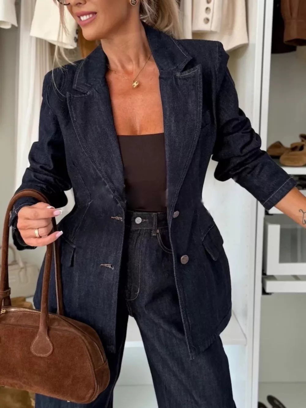 Single-Breasted Washed Denim Blazer, image 2