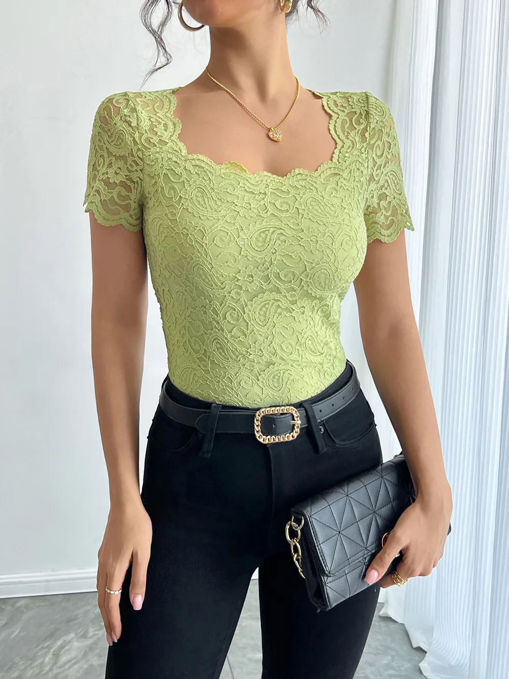 Floral Lace Square Neck T-Shirt, image 2