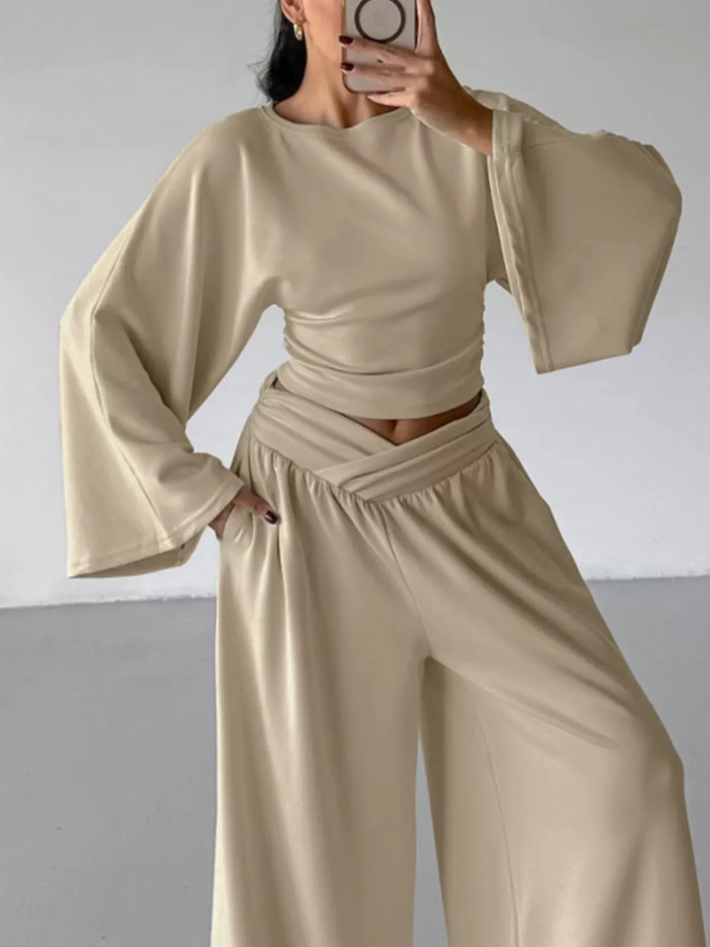 Round Neck Top and Wide Leg Pants Set, image 4