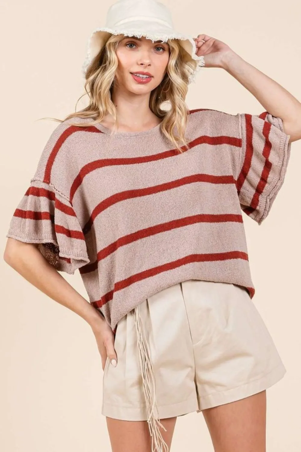 Striped Flounce Sleeve Knit Top, image 2
