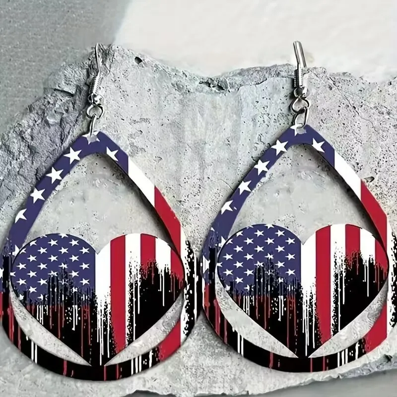US Flag Pattern Wooden Earrings, image 3