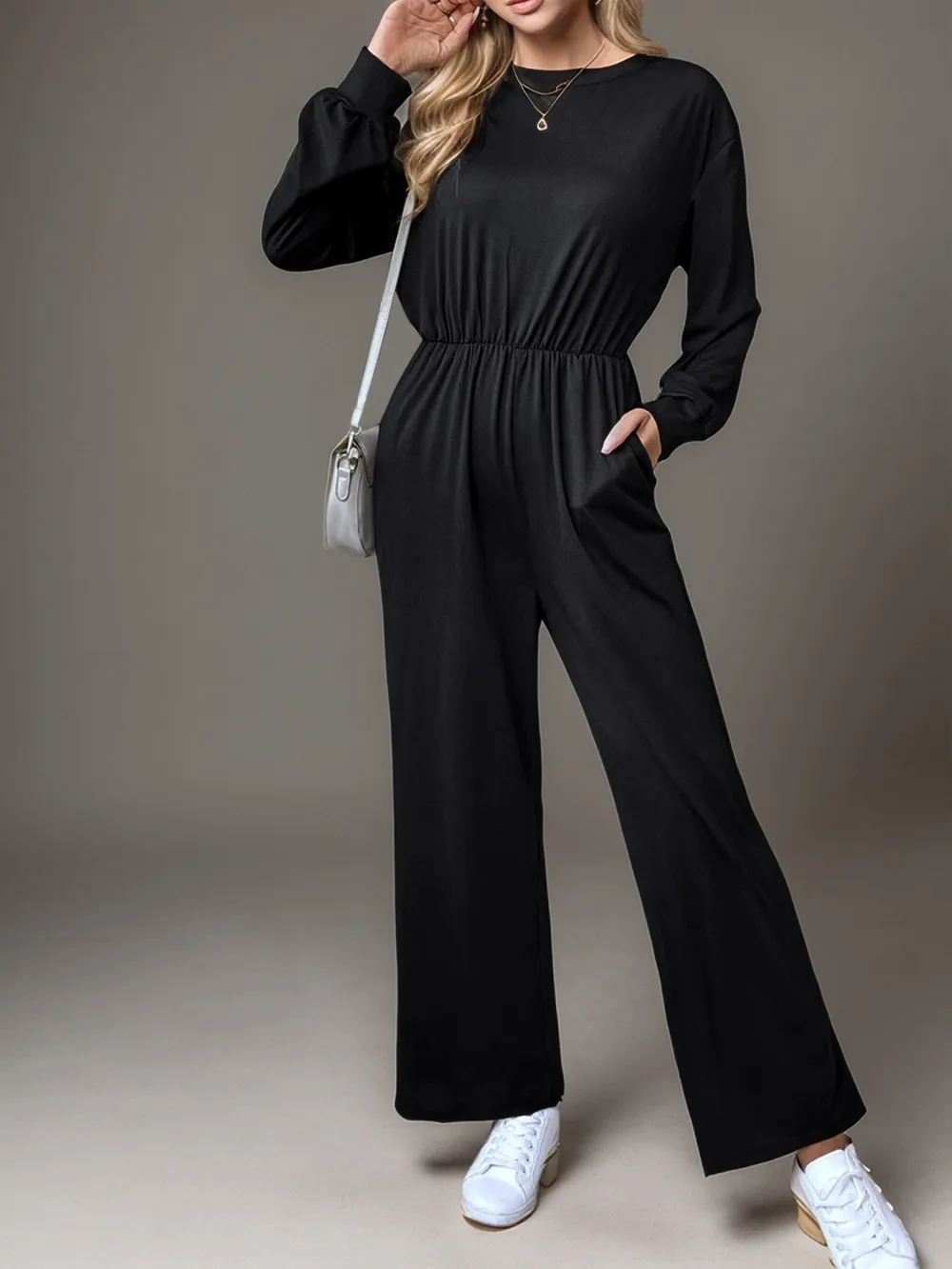 Tied Round Neck Wide Leg Jumpsuit, image 4