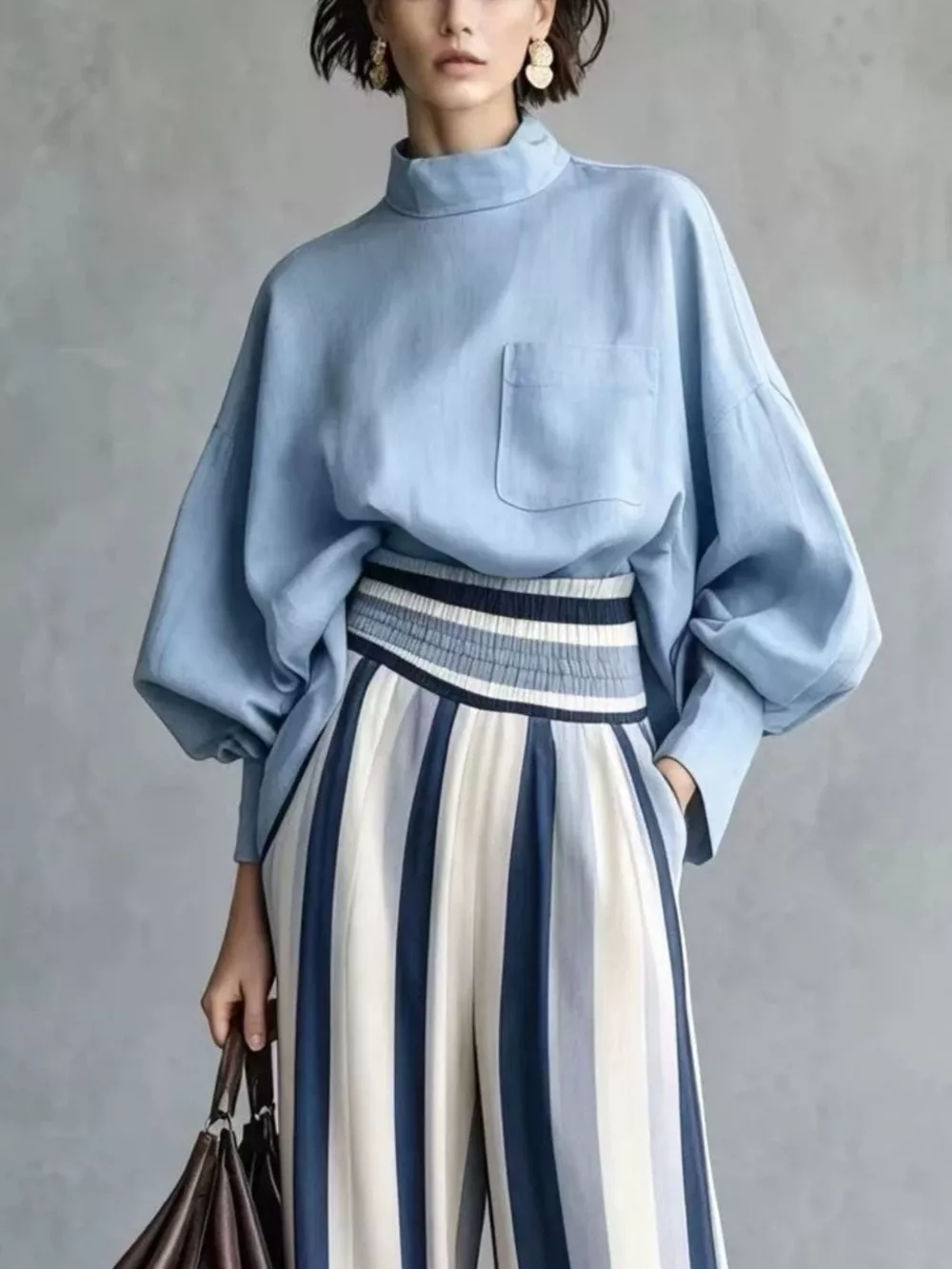 Full Size Mock Neck Top and Striped Wide-Leg Pants Set Plus Size, image 5