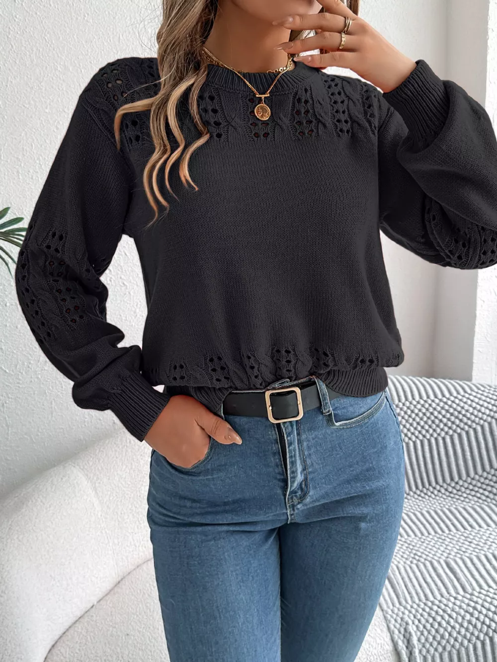 Hollow Out Eyelet Long Sleeve Sweater, image 9
