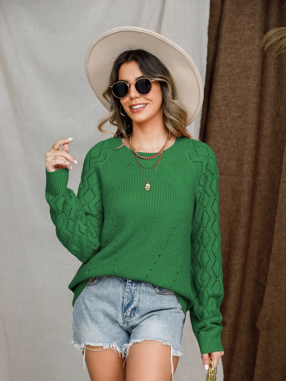 Openwork Round Neck Raglan Sleeve Sweater, image 13