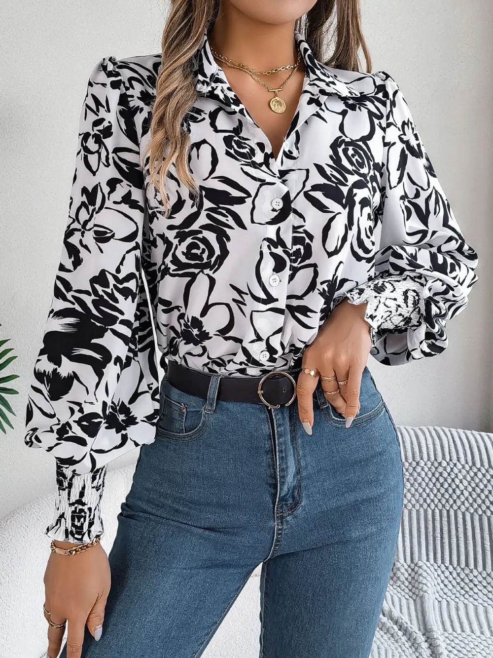 Printed Collared Neck Lantern Sleeve Shirt, image 10