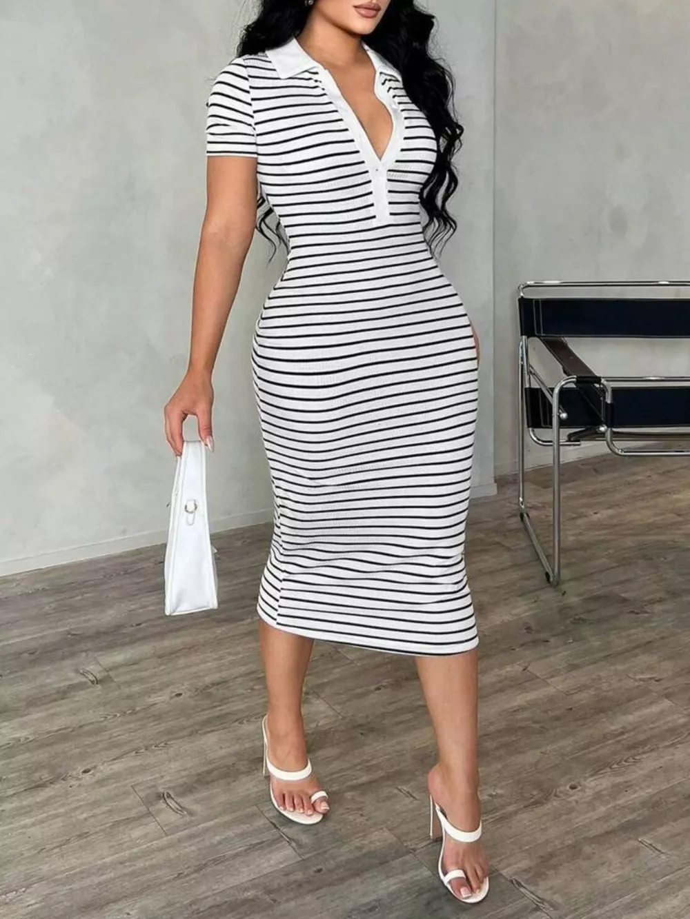 Striped Short Sleeve Bodycon Midi Dress, image 5