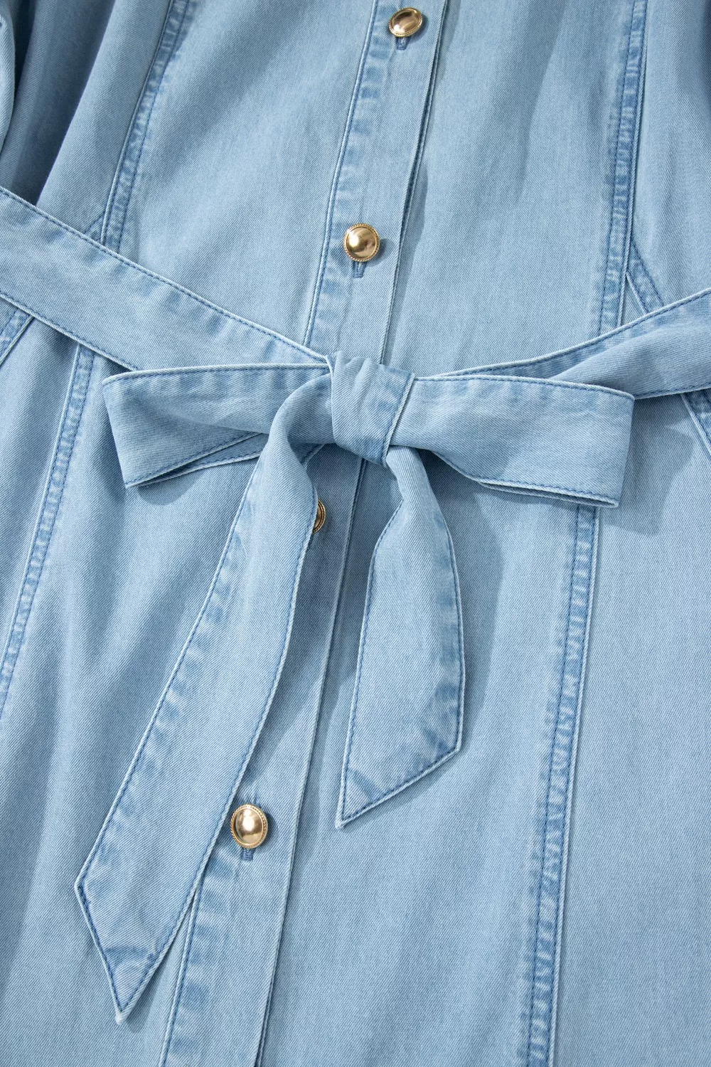 Full Buttons Collared Short Bubble Sleeve Long Denim Dress, image 13