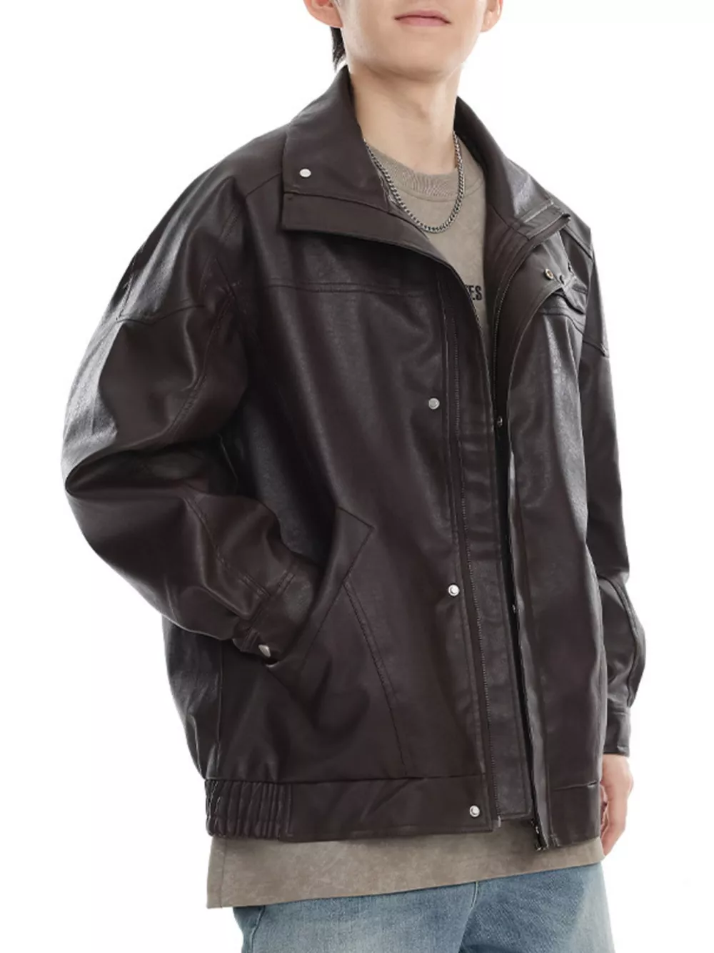 Men's Plus Size Stand Collar Leather Jacket, image 6