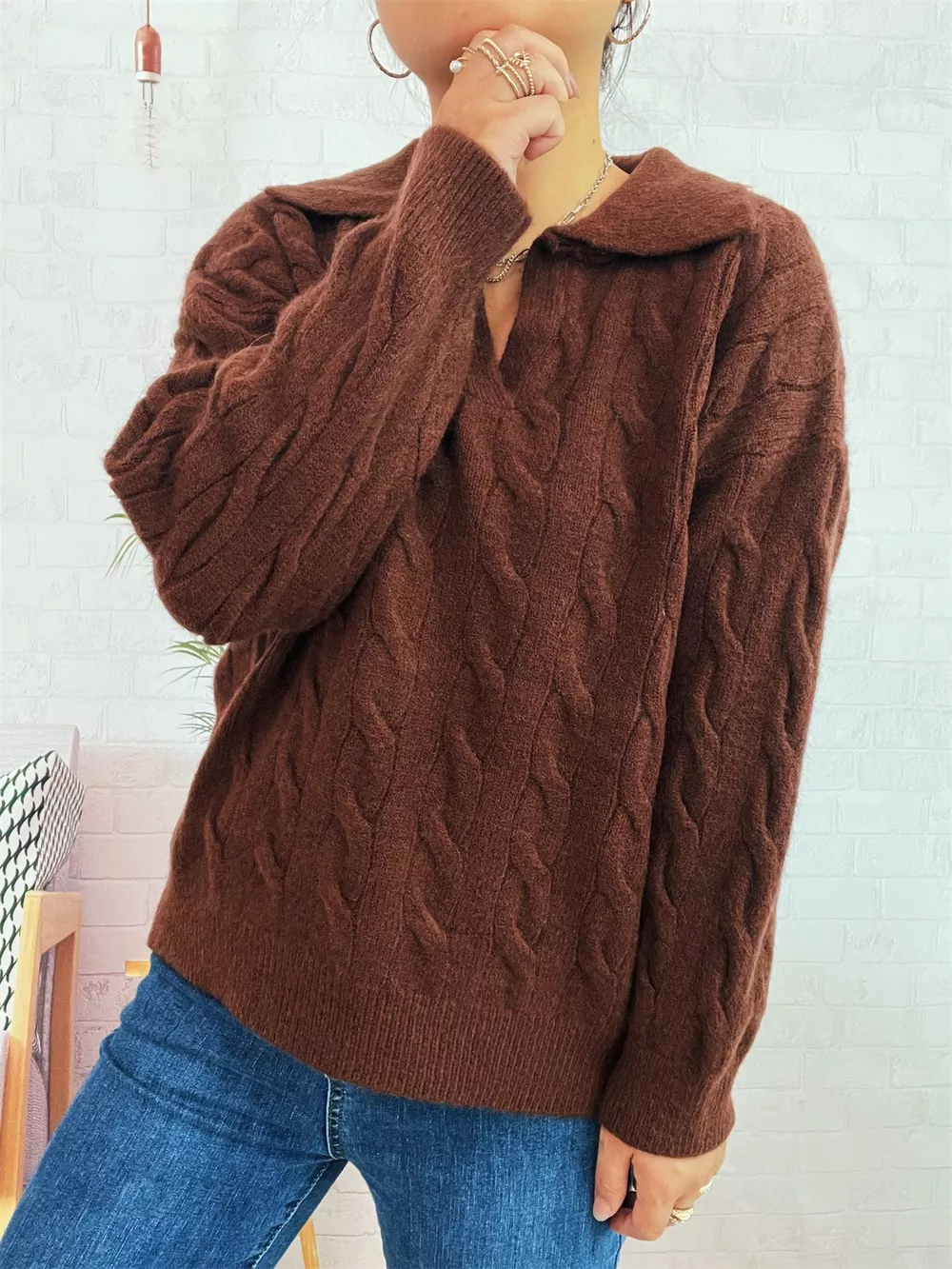 Cable Knit Johnny Collar Sweater, image 30