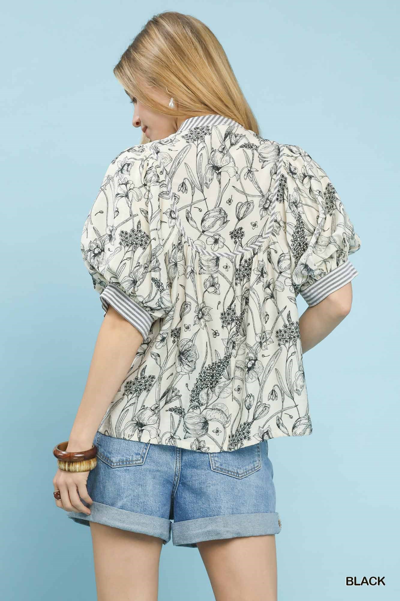 Mixed Print Puff Sleeve Split Neck Top, image 3
