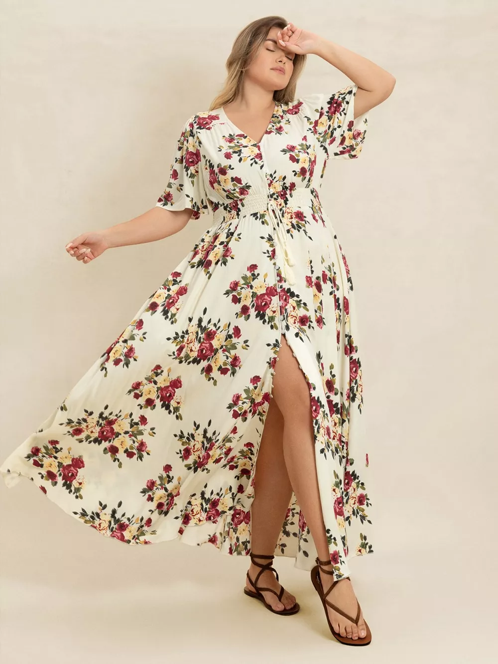 Plus Size Floral Flutter Sleeve Maxi Dress with Button Front, image 6