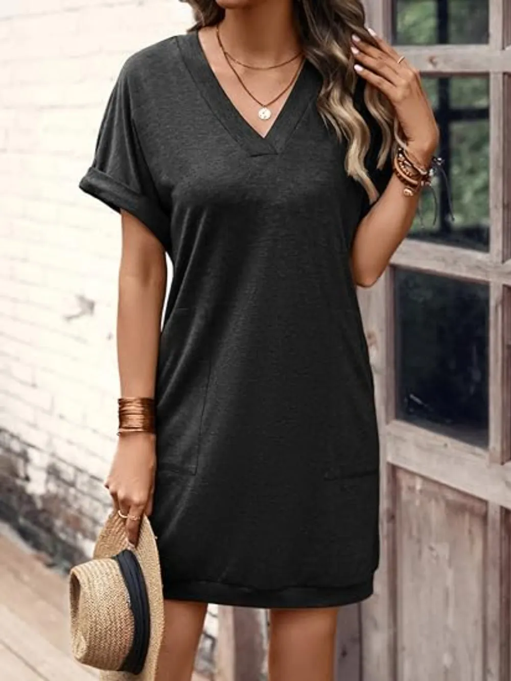 V-Neck Short Sleeve Mini Tee Dress, image 8