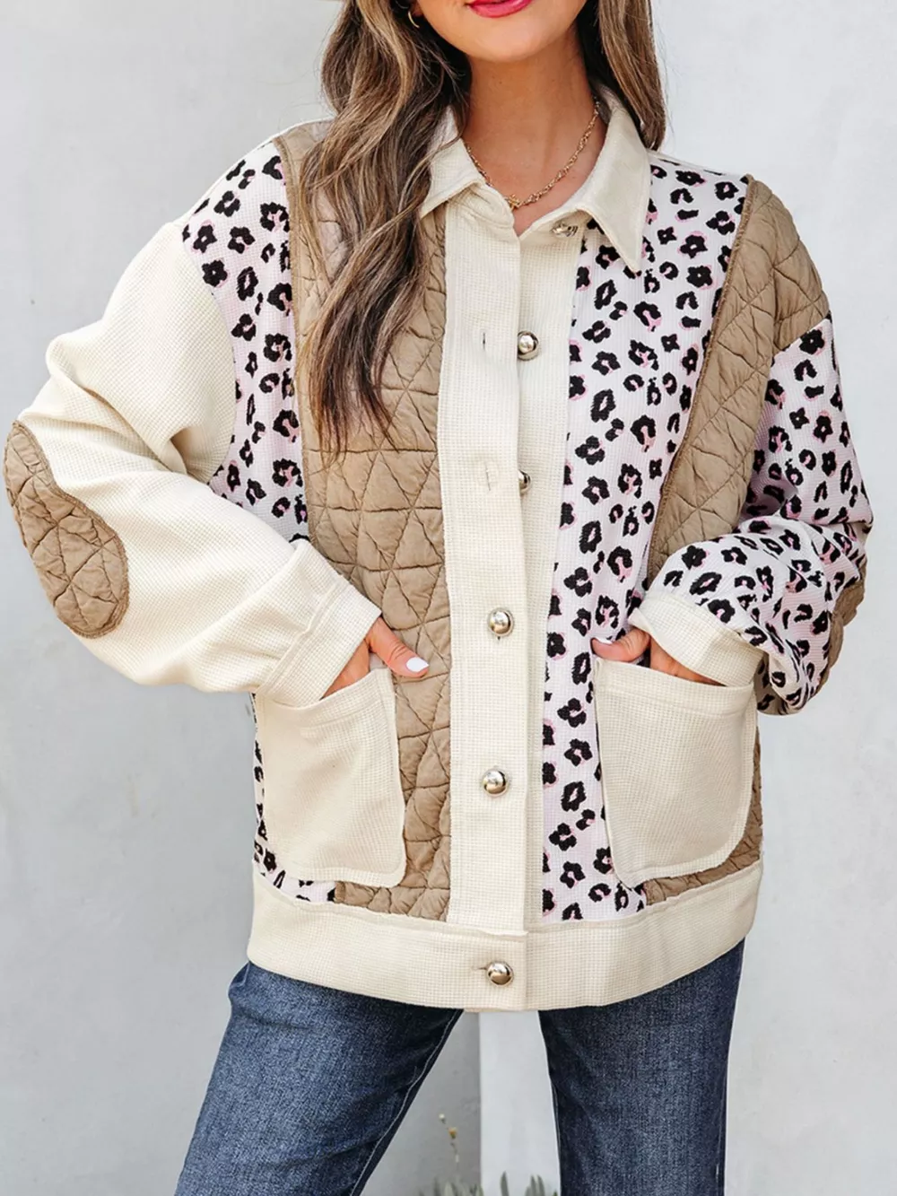 Leopard Waffle Quilted Patchwork Button Front Jacket