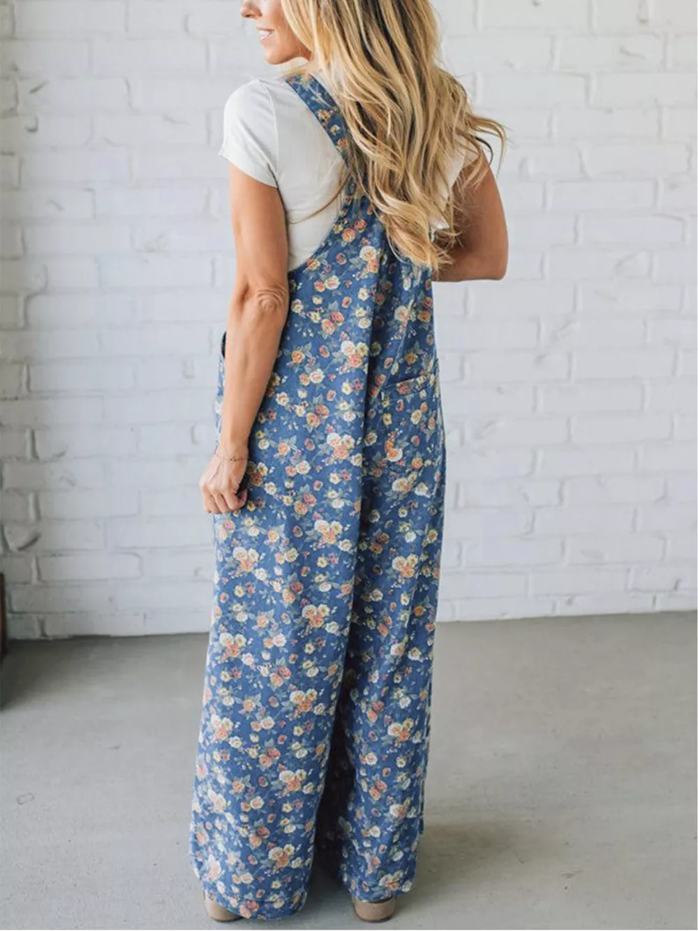 Floral Print Wide Leg Denim Overalls, image 4