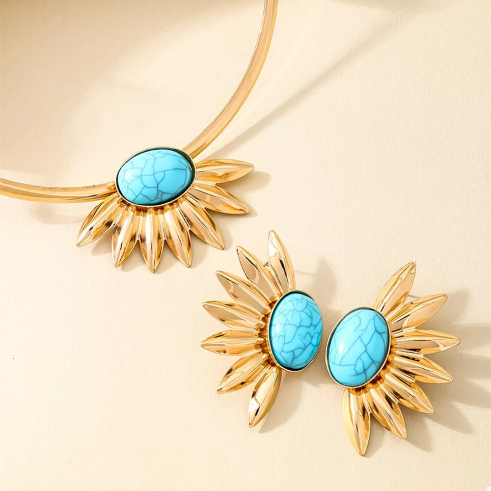 Turquoise Sunflower Necklace and Earrings Jewelry Set, image 5
