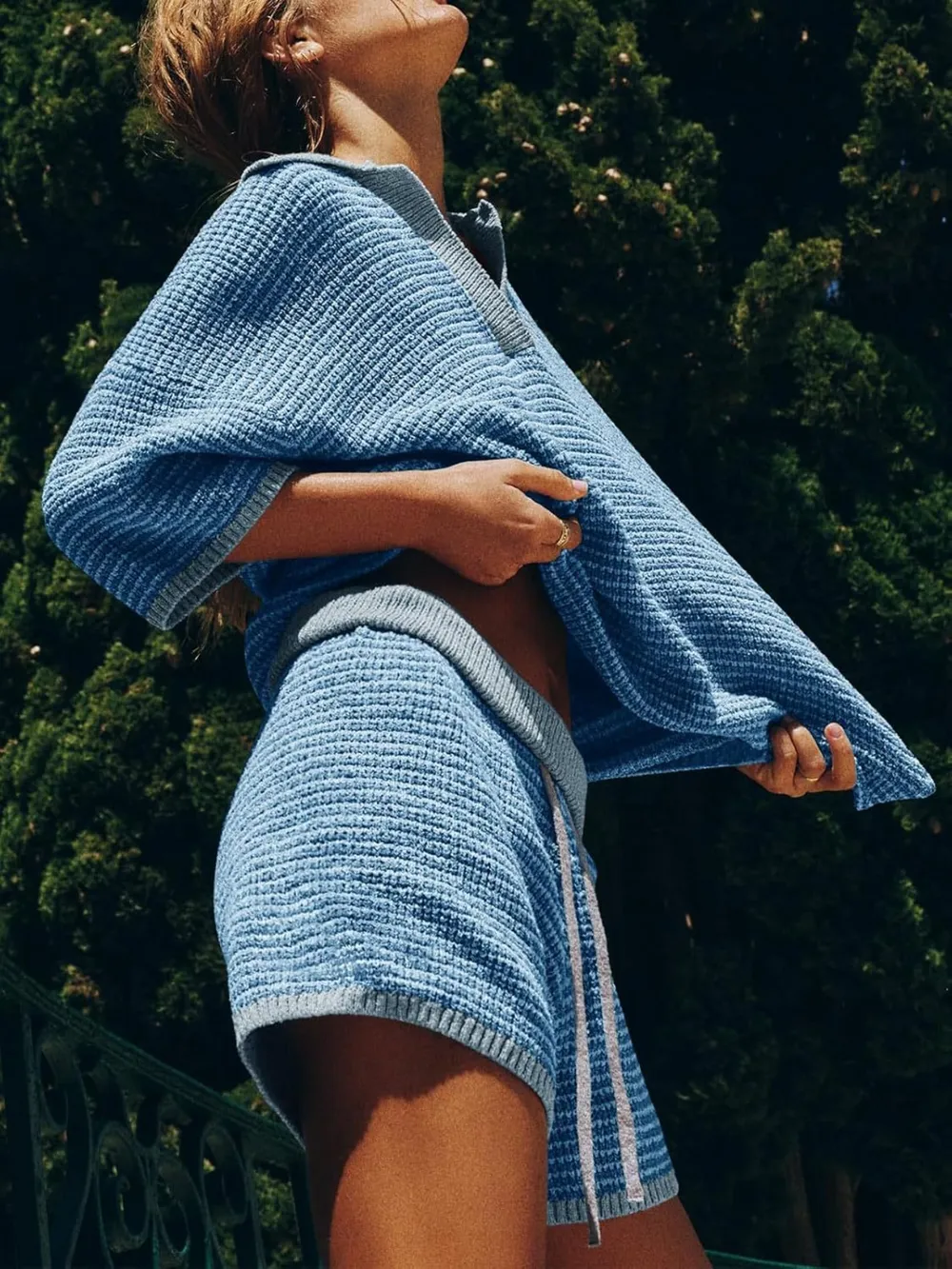 Collared Neck Contrast Striped Top and Shorts Sweater Set, image 12