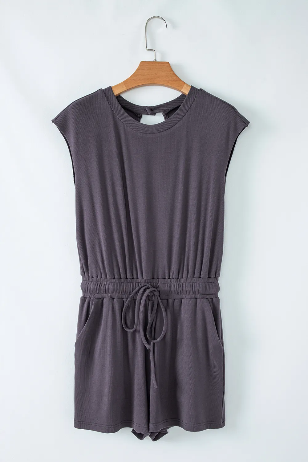 Knit Open Back Cap Sleeve Drawstring Romper, image 10