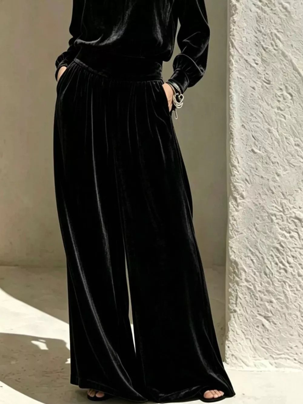 Velvet Mock Neck Long Sleeve Top and Wide-Leg Pants Set, image 12