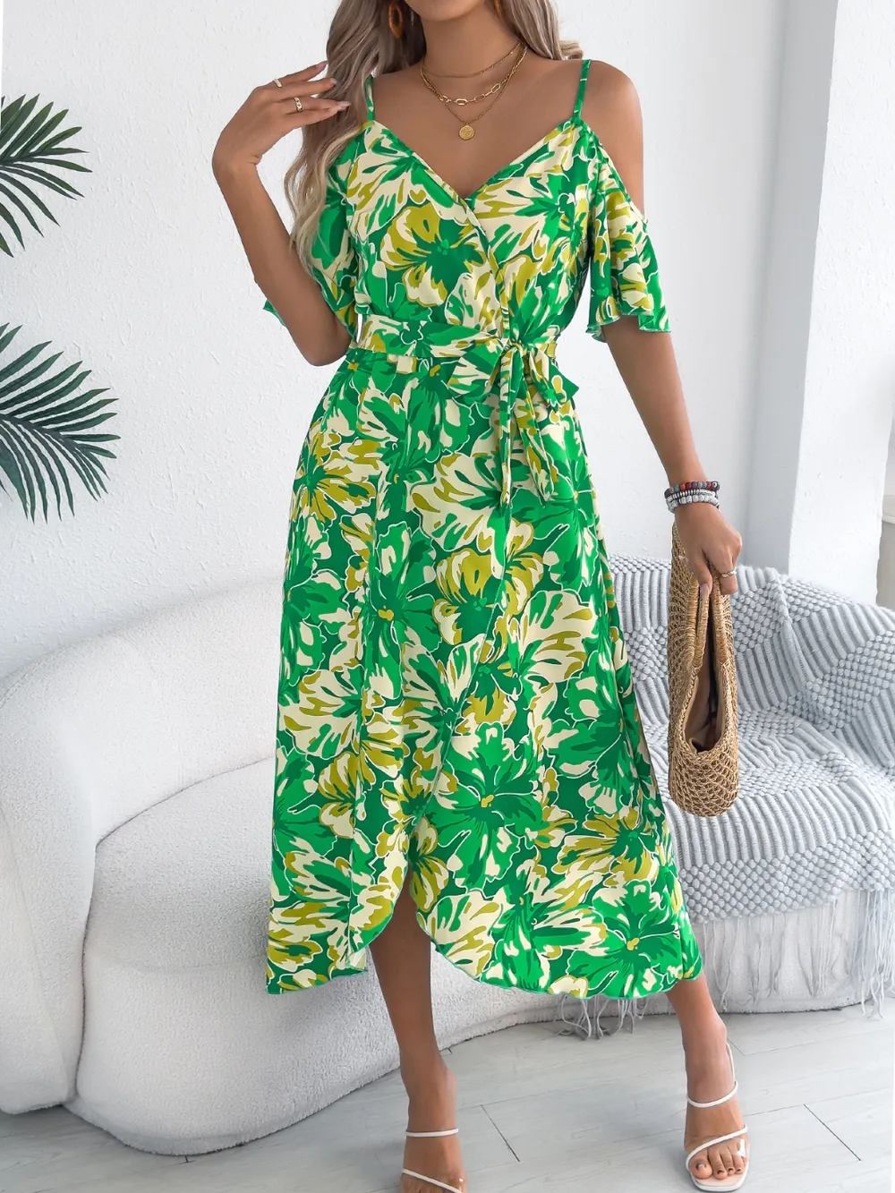 Printed Cold Shoulder Midi Cami Dress, image 10