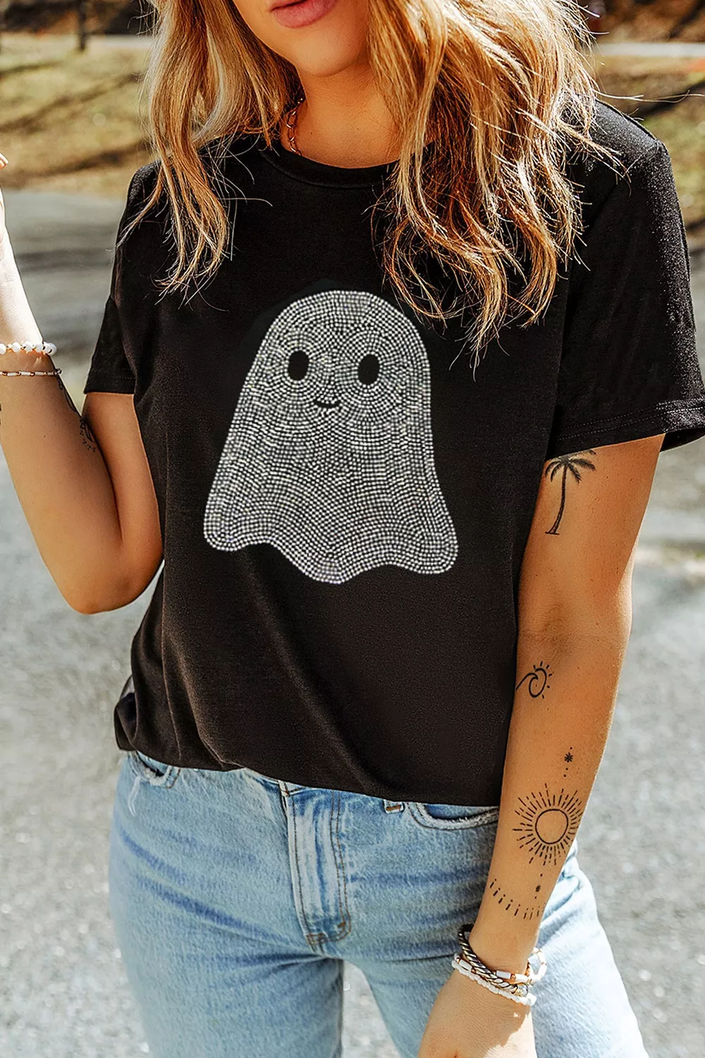 Full Size Rhinestone Ghost Round Neck T-Shirt Plus Size, image 4