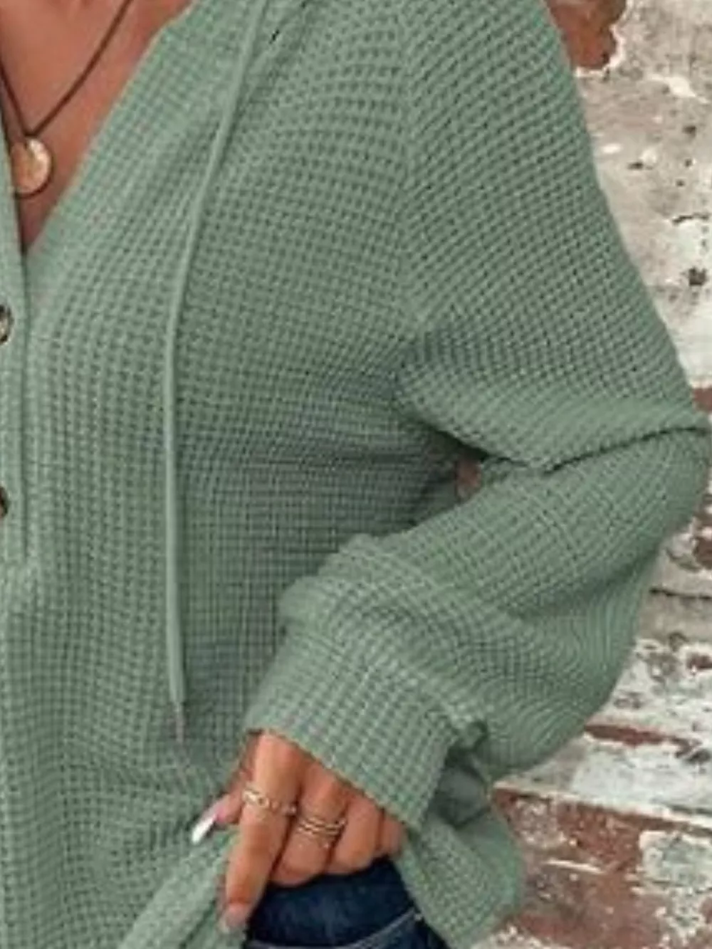 Waffle Knit Button Detail Hoodie, image 12