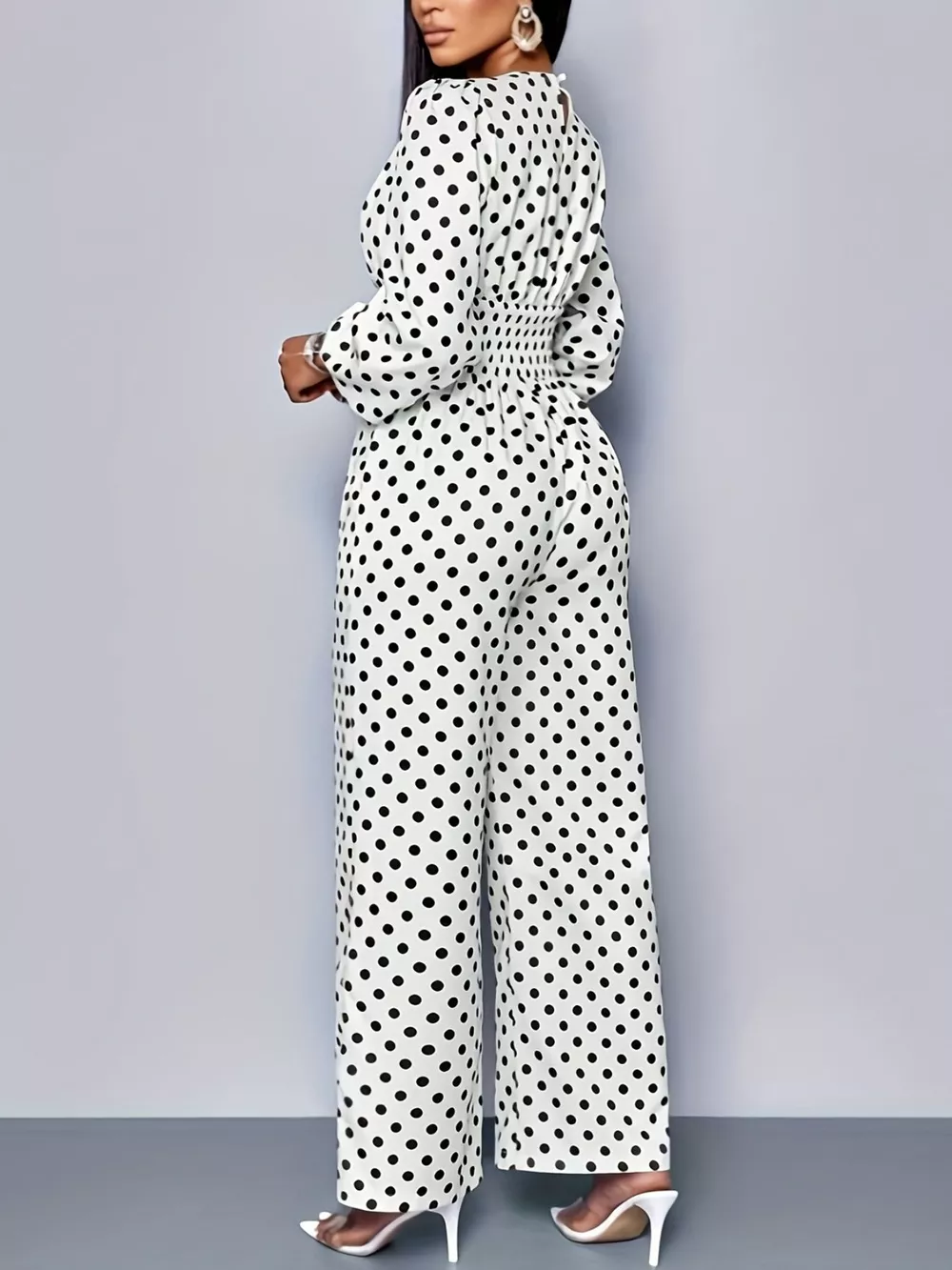 Polka Dot Long Sleeve Wide Leg Jumpsuit, image 5
