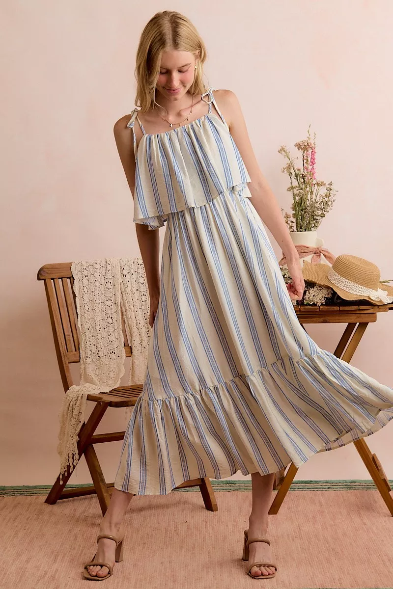 Stripe Tiered Shoulder Tie Midi Lined Dress, image 15
