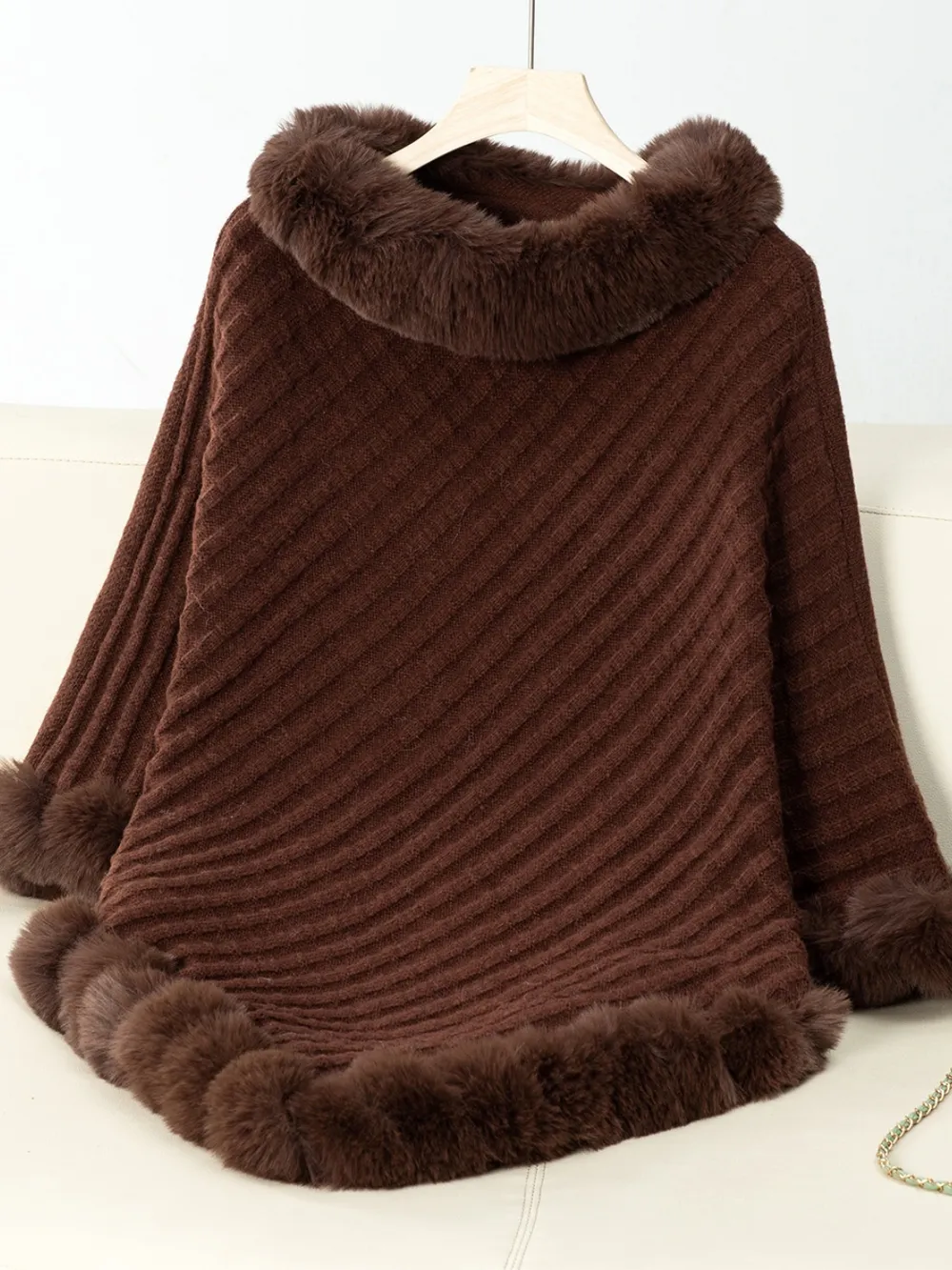 Fuzzy Trim Texture Three-Quarter Sleeve Poncho, image 13