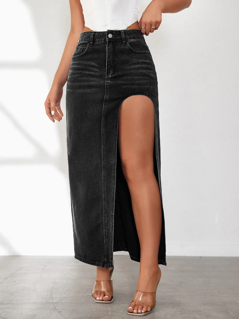 High Rise Slit Denim Skirt, image 8
