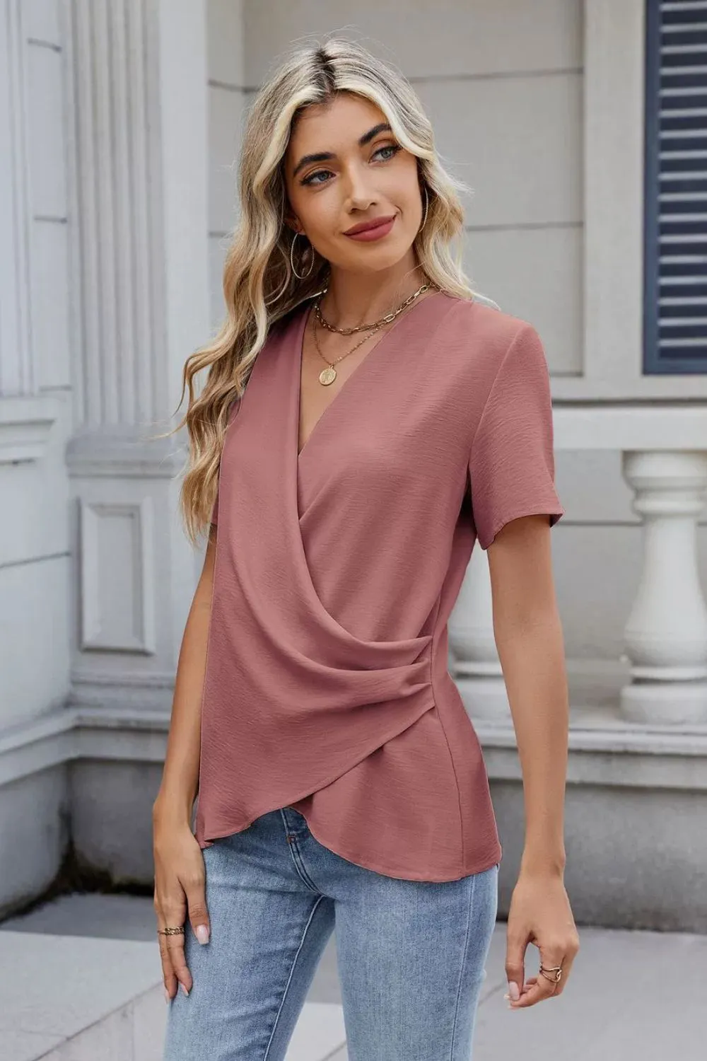 Solid Color Surplice Short Sleeve Blouse, image 6