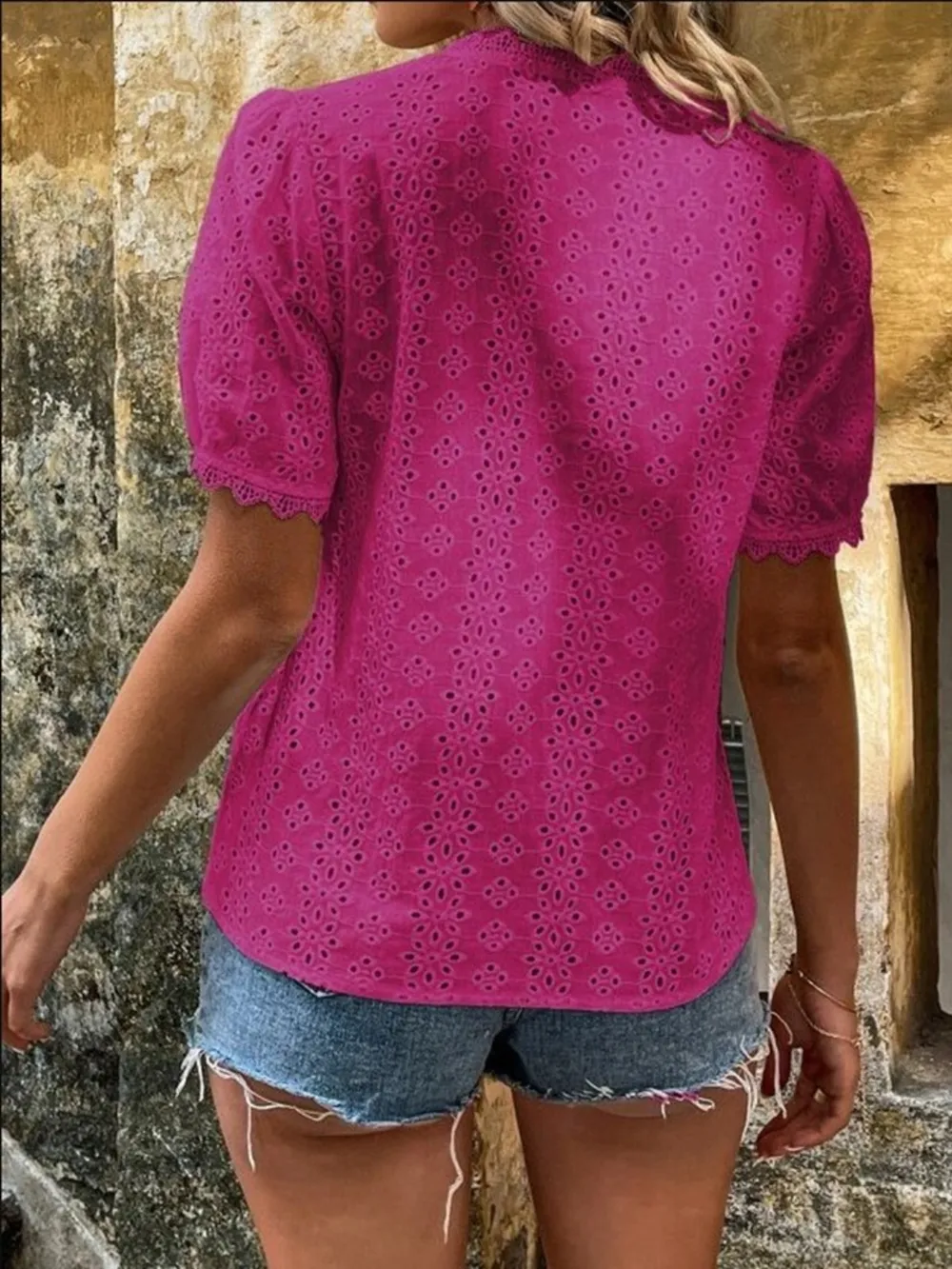 Full Size Eyelet V-Neck Short Sleeve Blouse Plus Size, image 8