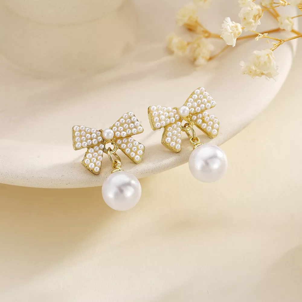 Pearl Bowknot Drop Earrings, image 2
