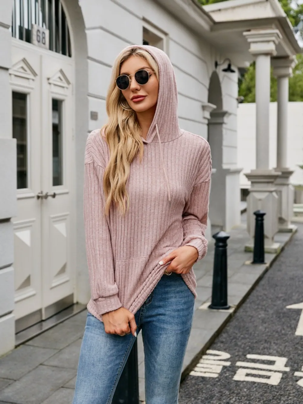 Ribbed Drawstring Long Sleeve Hoodie, image 8