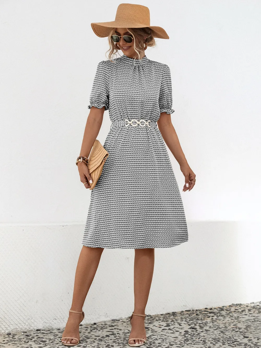 Printed Mock Neck Flounce Sleeve Dress, image 11