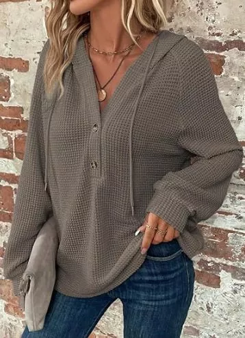 Waffle Knit Button Detail Hoodie, image 13