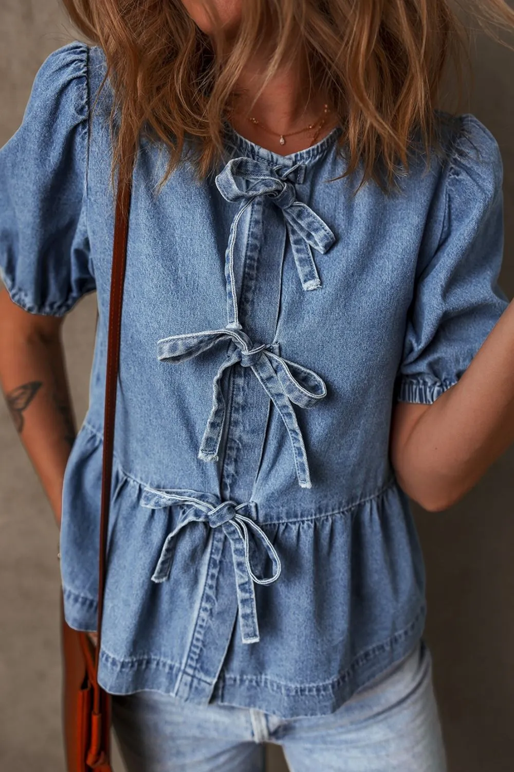 Tied Front Puff Sleeve Peplum Denim Shirt, image 8