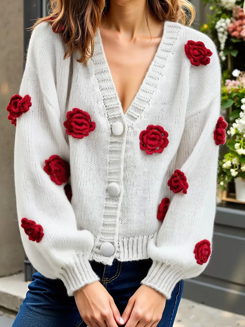 Rose Embellished V-Neck Cardigan, image 14