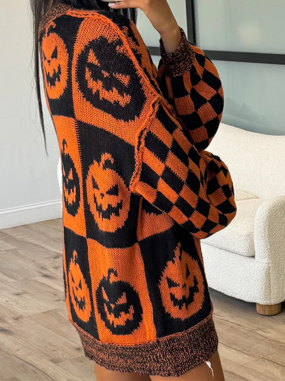 Exposed Seam Pumpkin Round Neck Long Sleeve Sweater, image 2