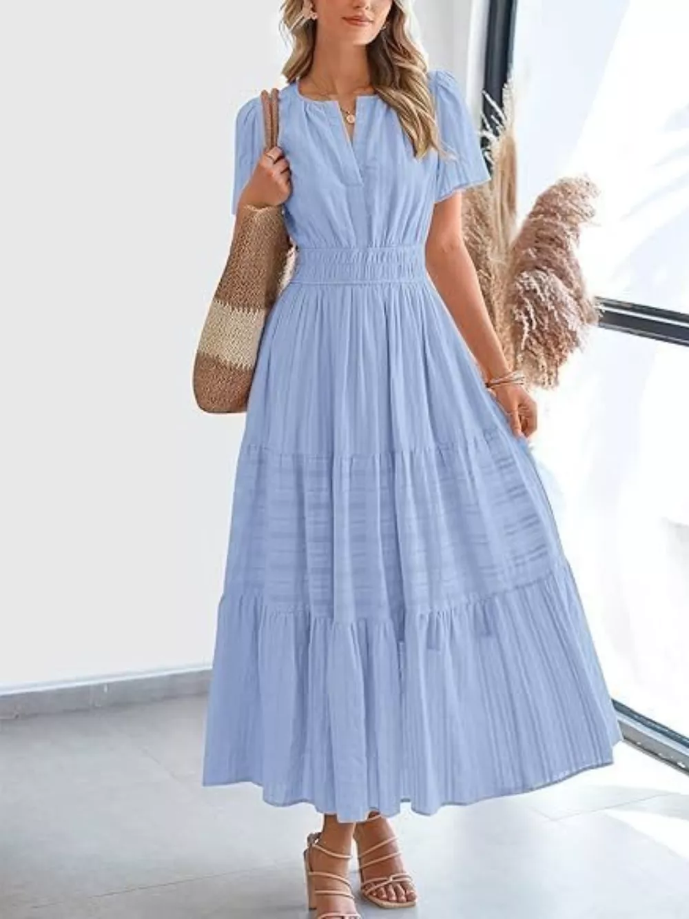 Notched Short Sleeve Tiered Dress, image 18