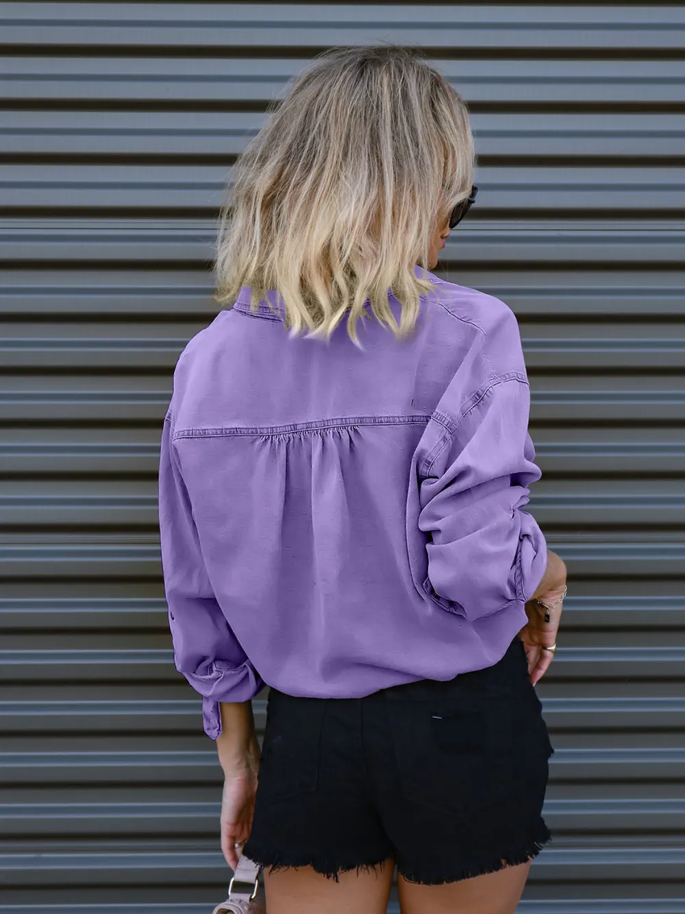 Drawstring Pocketed Button Up Denim Top, image 7