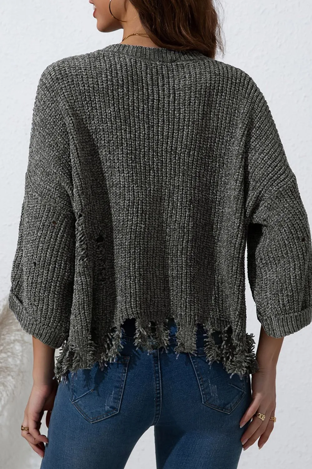 Distressed Round Neck Drop Shoulder Sweater, image 14