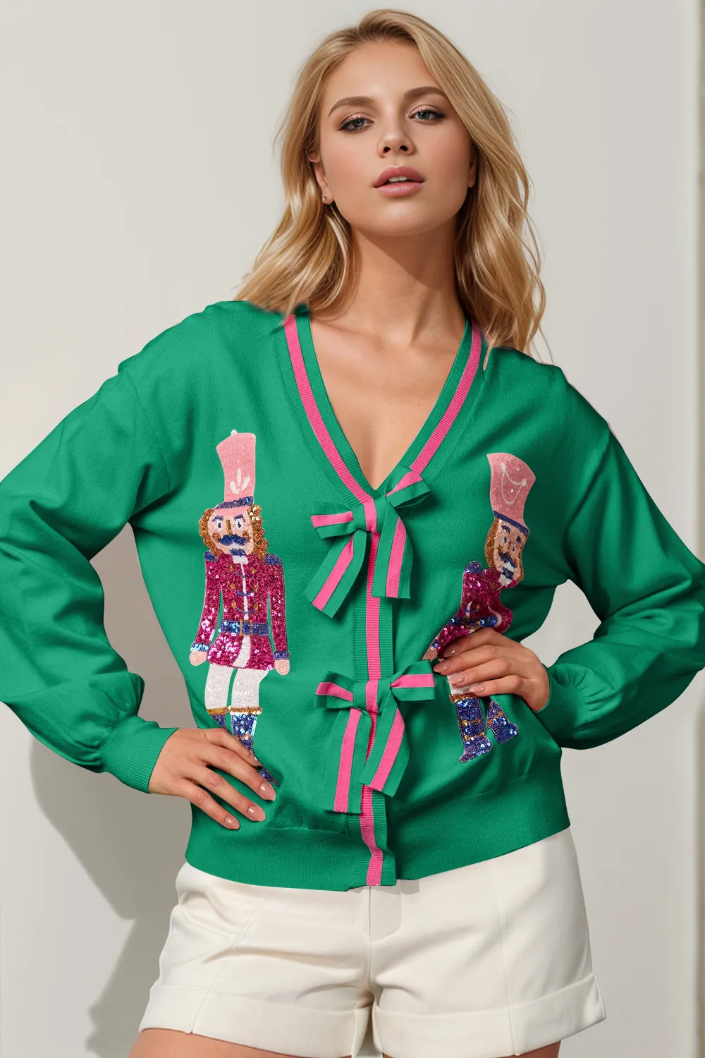 Full Size Nutcracker Sequin Bow Decor Cardigan, image 9
