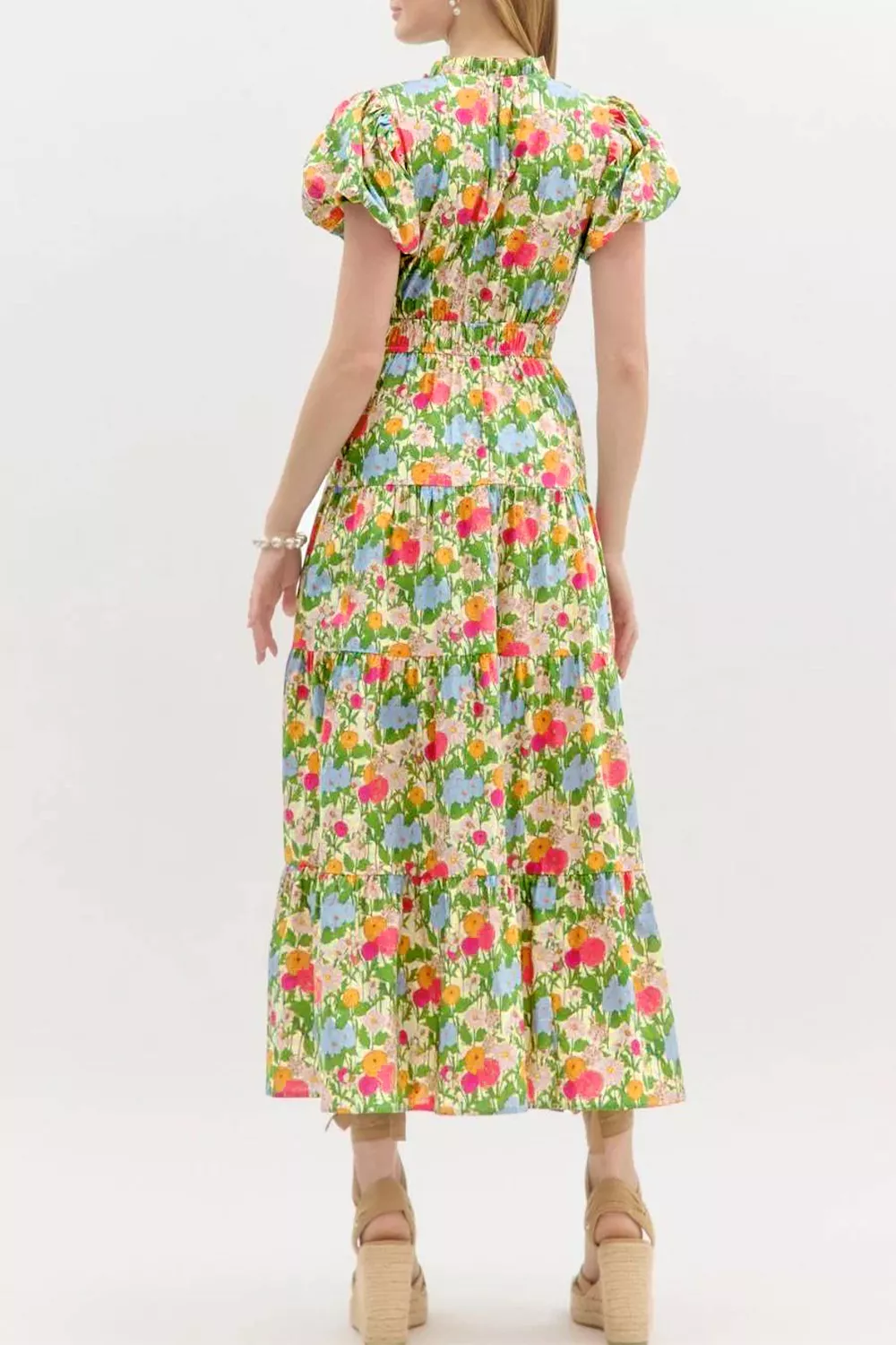 Floral Print V Neck Short Puff Sleeve Cotton Maxi Dress, image 3