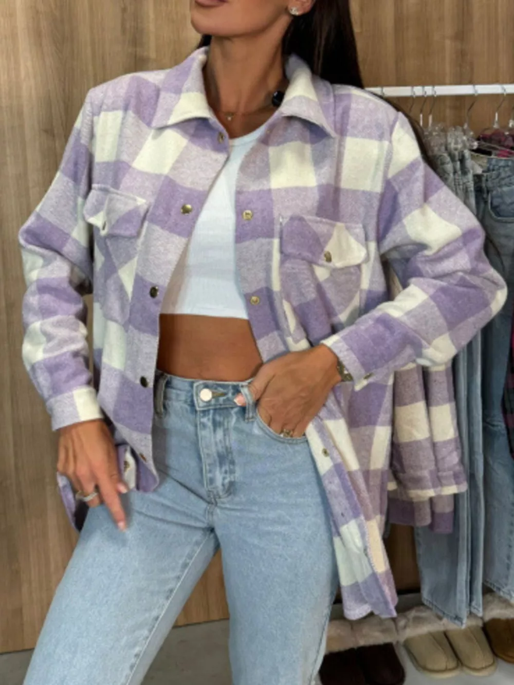 Plaid Button-Down Long Sleeve Shacket, image 14