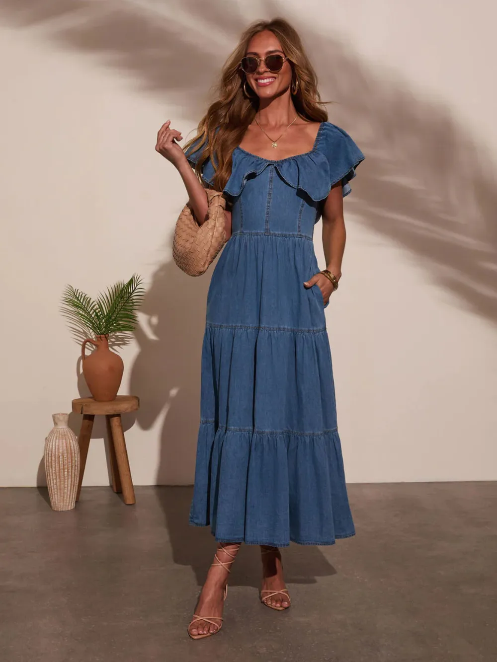 Off Shoulder Ruffle Tiered Denim Dress, image 5