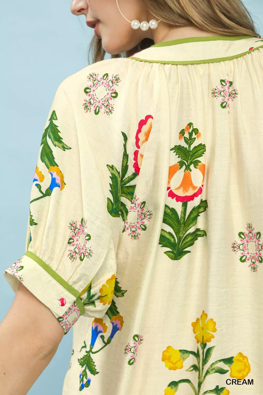 Botanical Print Contrast Trim Button Blouse, image 4