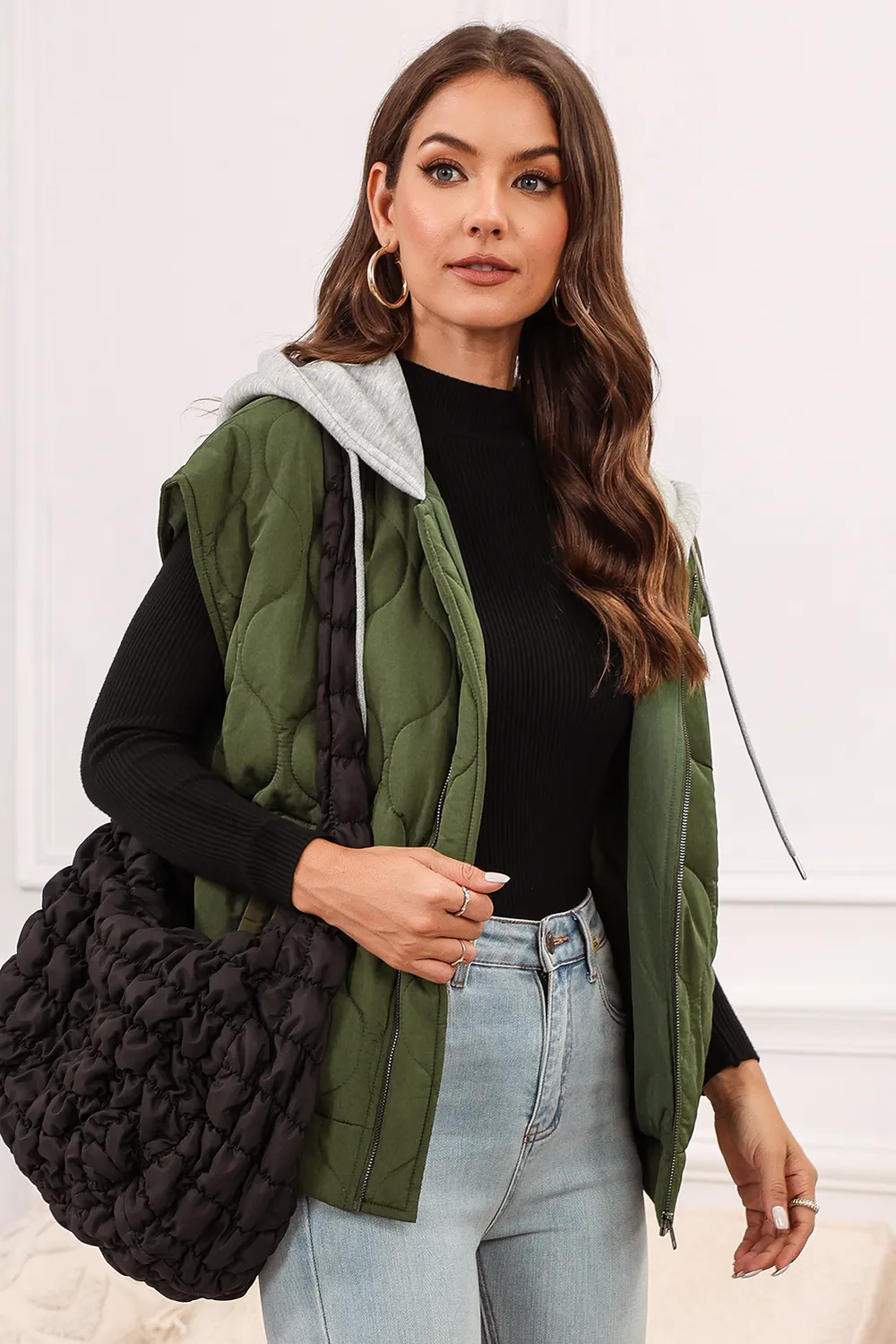 Drawstring Zip Up Hooded Vest Coat, image 7